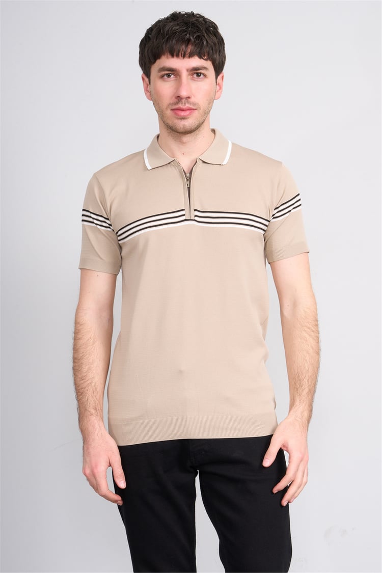C.K Y26 805 Kahverengi Erkek Triko Fermuarlı Çizgi Detaylı Polo Yaka Tişört M-Xxl
