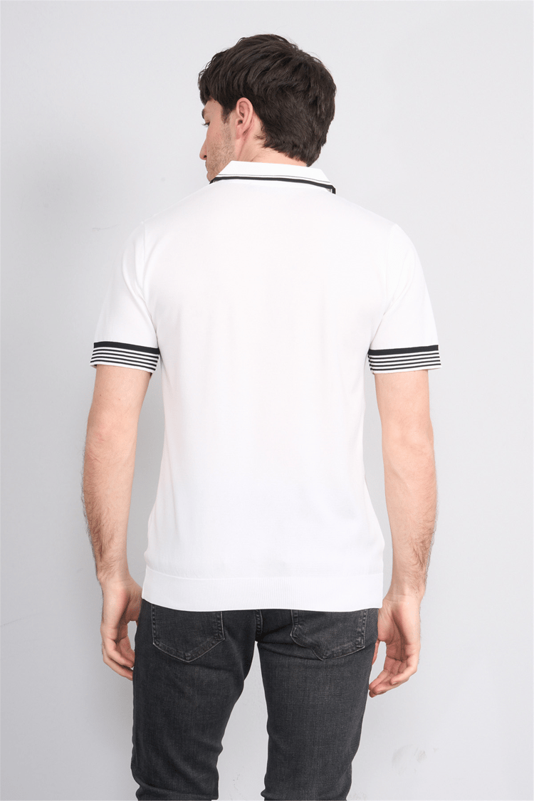 C.K Y26 815 Beyaz Erkek Triko Fermmuarlı Şeritli Polo Yaka Tişört M-Xxl
