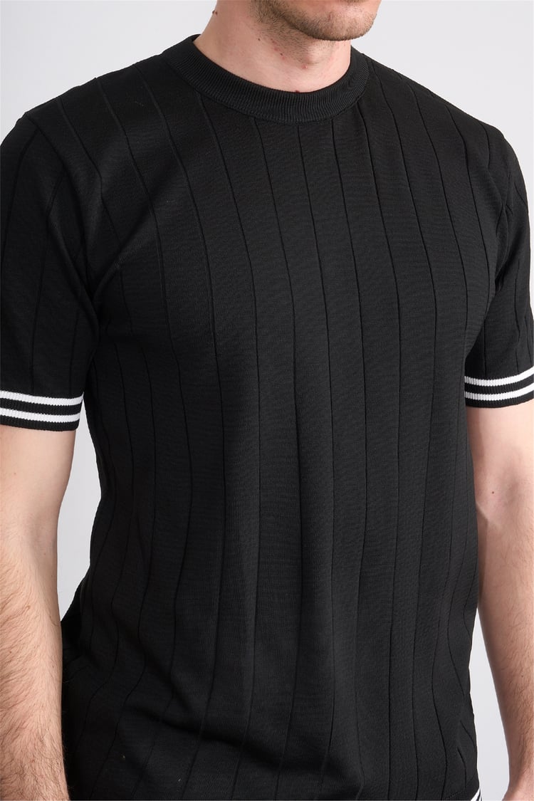 C.K Y26 828 Siyah Erkek Triko Bisiklet Yaka Nakış Detaylı Şeritli Tişört M-Xxl