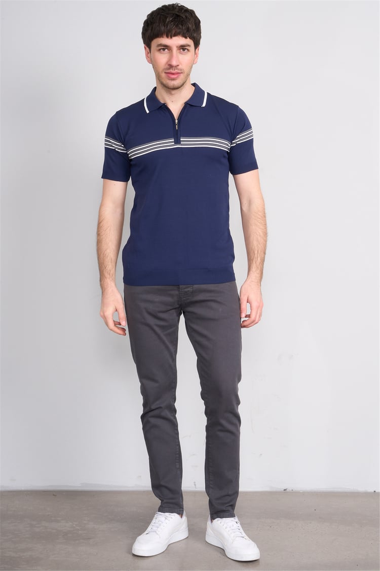 C.K Y26 805 Lacivert Erkek Triko Fermuarlı Çizgi Detaylı Polo Yaka Tişört M-Xxl