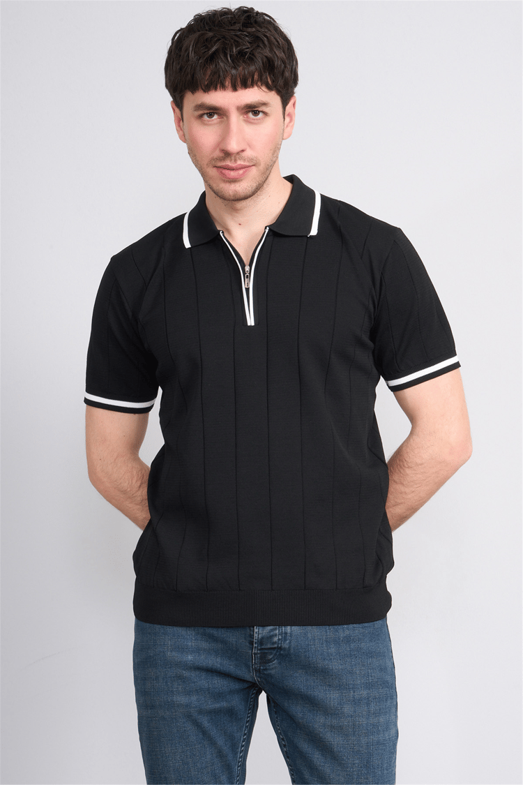 C.K Y26 829 Lacivert Erkek Triko Fermuarlı Şeritli Polo Yaka Tişört M-Xxl