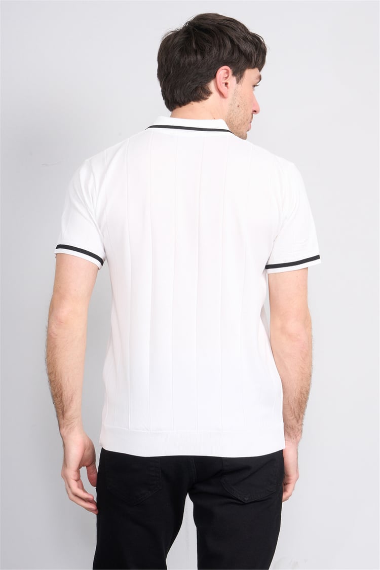 C.K Y26 829 Beyaz Erkek Triko Fermuarlı Şeritli Polo Yaka Tişört M-Xxl