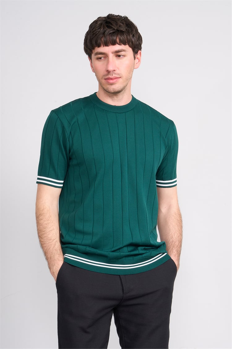 C.K Y26 828 Zümrüt Erkek Triko Bisiklet Yaka Nakış Detaylı Şeritli Tişört M-Xxl