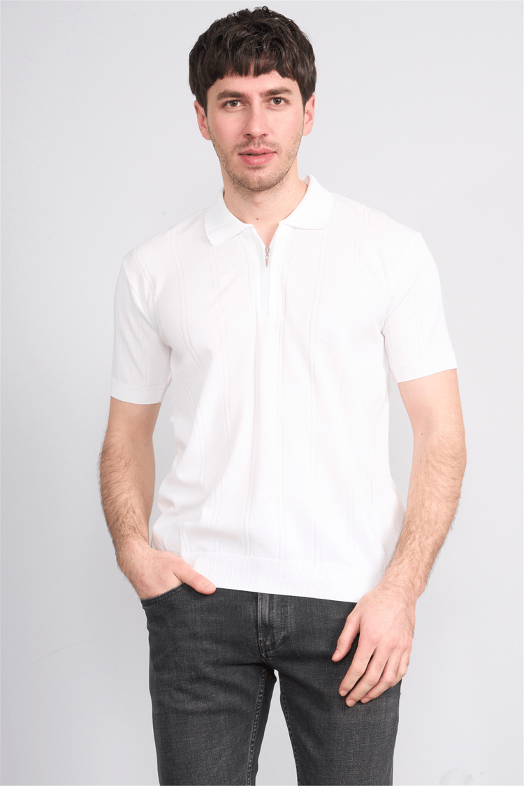 C.K Y26 812 Beyaz Erkek Triko Fermmuarlı Şeritli Polo Yaka Tişört M-Xxl