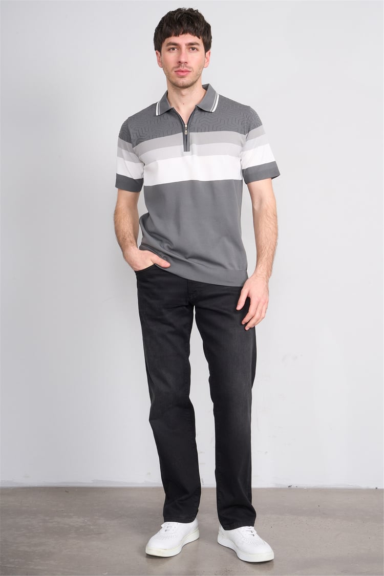 C.K Y26 811 Gri Erkek Triko Fermuarlı Polo Yaka Çizgilı Tişört M-Xxl