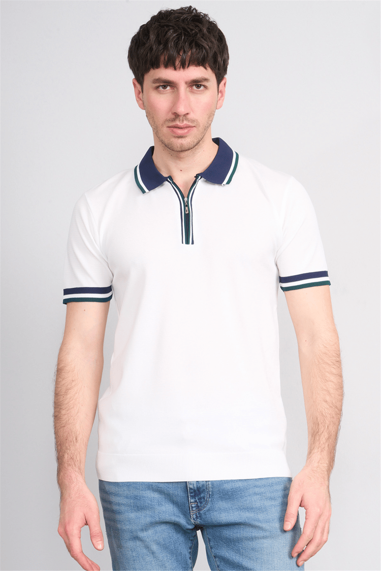C.K Y26 803 Beyaz Erkek Triko Fermuarlı Polo Yaka Tişört M-Xxl
