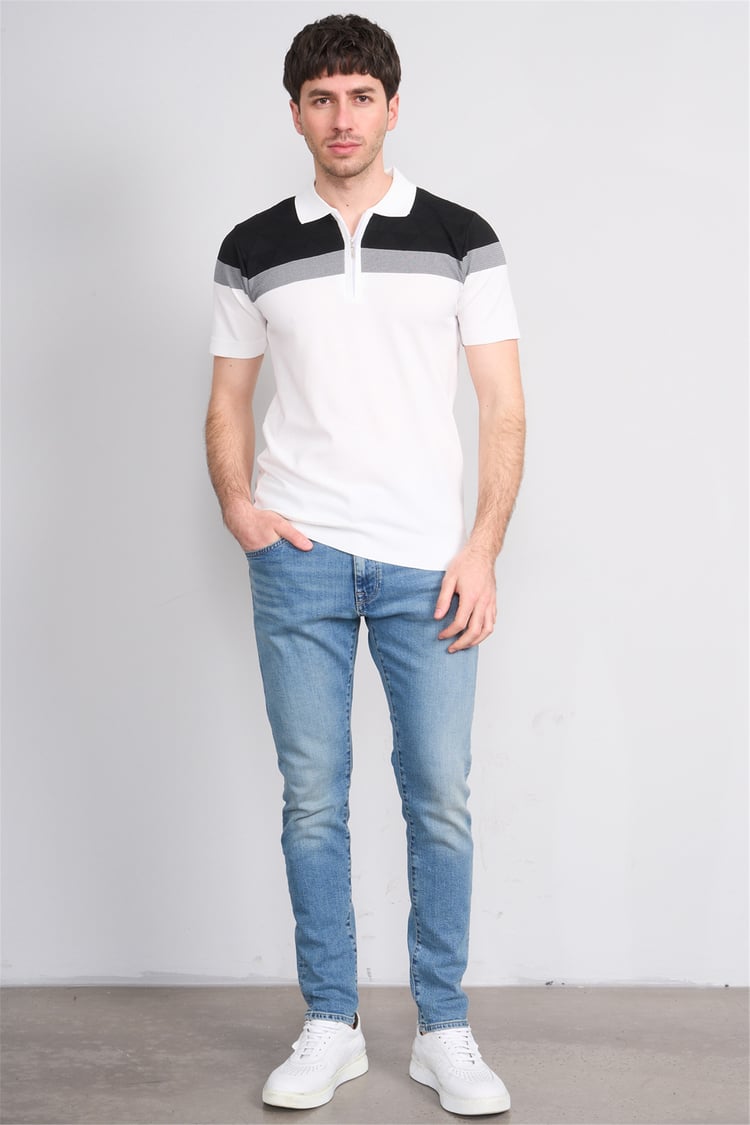 C.K Y26 802 Beyaz Erkek Triko Fermuarlı Desenli Polo Yaka Tişört M-Xxl