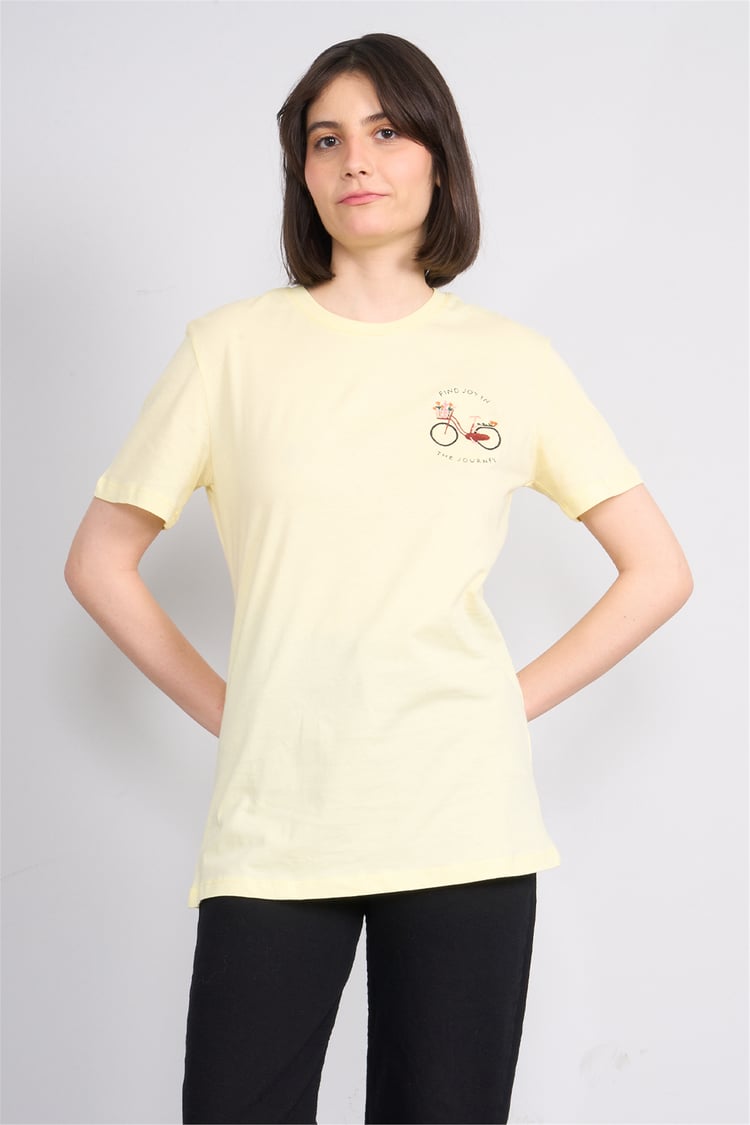 C.K Y26 8946 Fithit Kadın Bisiklet Yaka Regular Nakışlı T-shirt Uçuk Sarı