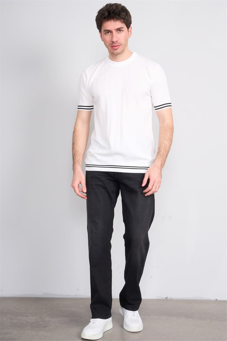 C.K Y26 828 Beyaz Erkek Triko Bisiklet Yaka Nakış Detaylı Şeritli Tişört M-Xxl