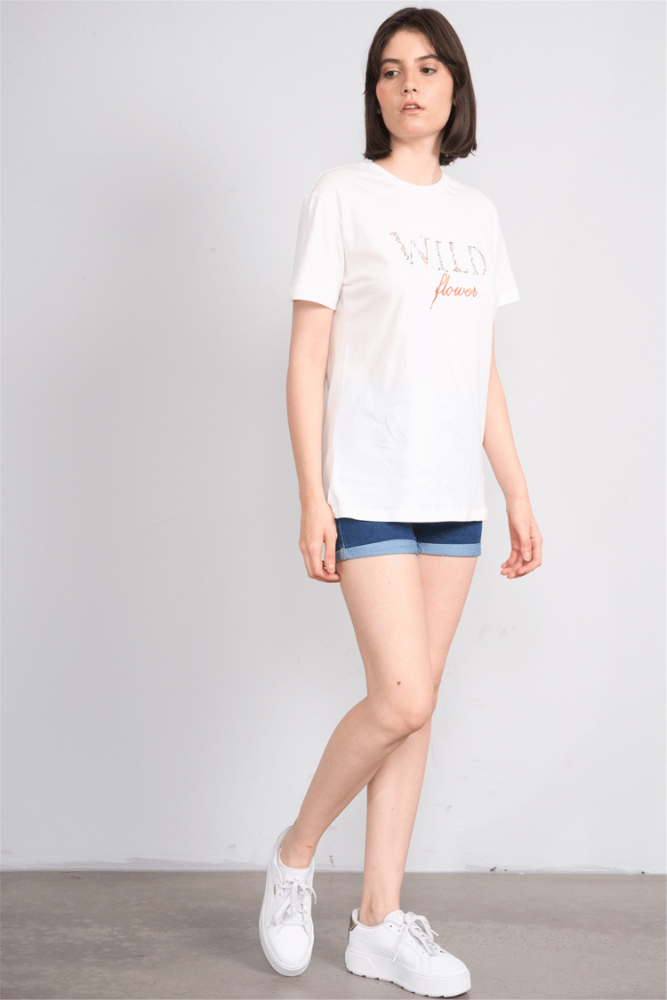 C.K Y26 8893 Fithit Kadın Bisiklet Yaka Regular Nakışlı T-shirt Krem