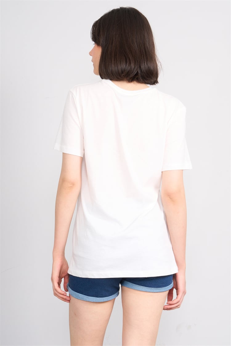 C.K Y26 8946 Fithit Kadın Bisiklet Yaka Regular Nakışlı T-shirt Krem