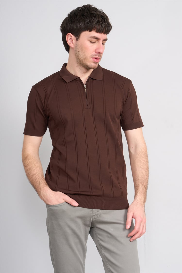 C.K Y26 812 Kahverengi Erkek Triko Fermmuarlı Şeritli Polo Yaka Tişört M-Xxl