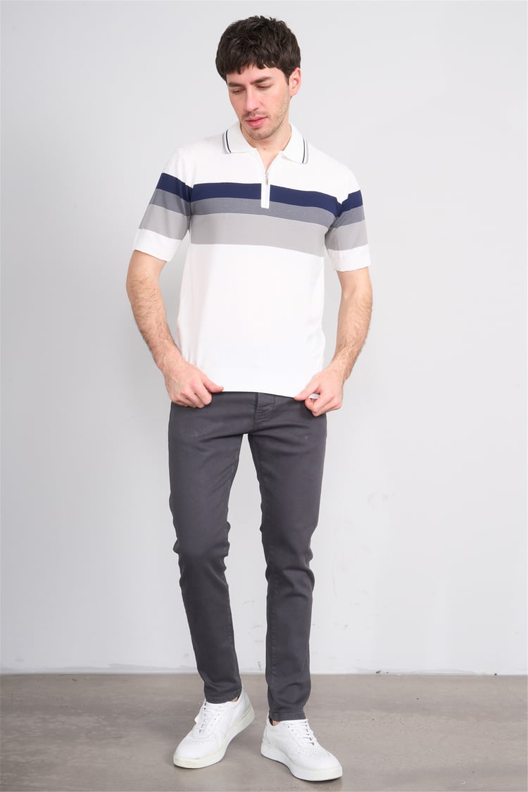 C.K Y26 811 Beyaz Erkek Triko Fermuarlı Polo Yaka Çizgilı Tişört M-Xxl