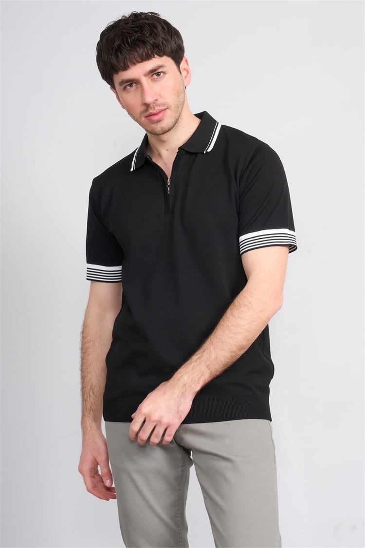 C.K Y26 815 Siyah Erkek Triko Fermmuarlı Şeritli Polo Yaka Tişört M-Xxl