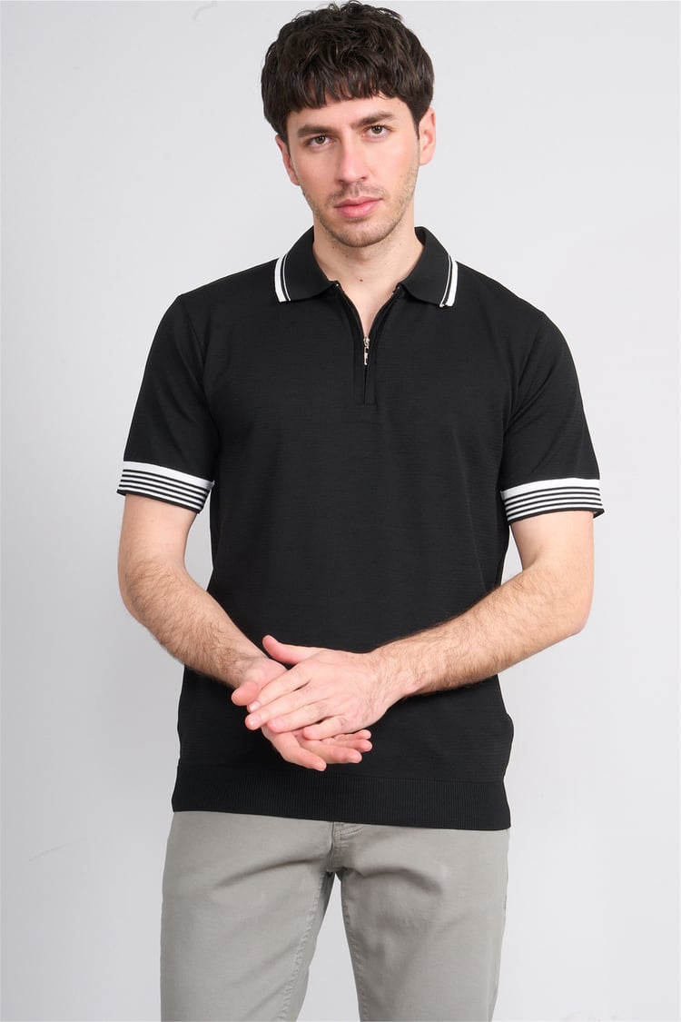 C.K Y26 815 Siyah Erkek Triko Fermmuarlı Şeritli Polo Yaka Tişört M-Xxl
