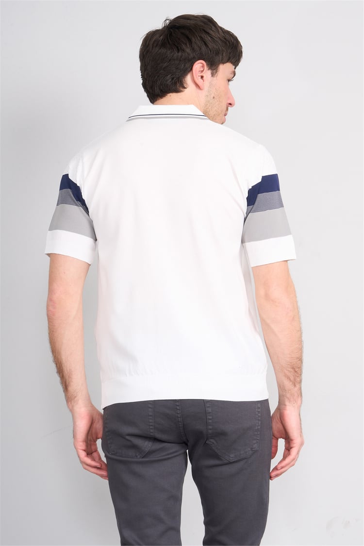C.K Y26 811 Beyaz Erkek Triko Fermuarlı Polo Yaka Çizgilı Tişört M-Xxl