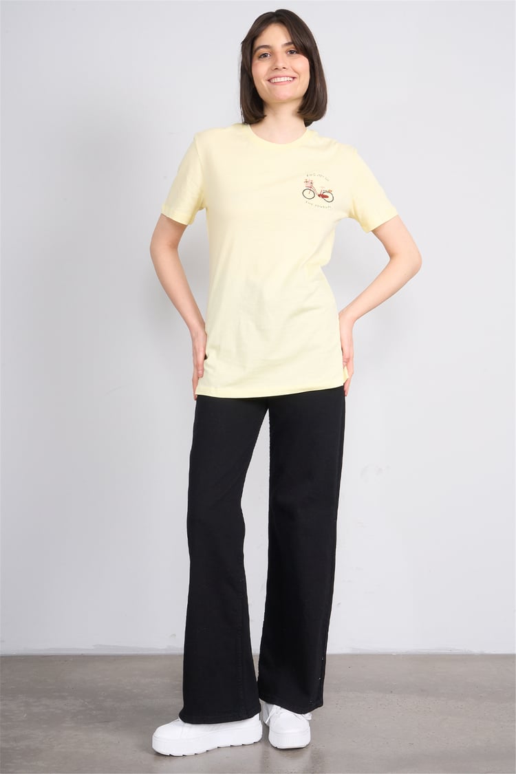 C.K Y26 8946 Fithit Kadın Bisiklet Yaka Regular Nakışlı T-shirt Uçuk Sarı