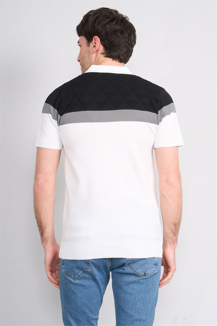 C.K Y26 802 Beyaz Erkek Triko Fermuarlı Desenli Polo Yaka Tişört M-Xxl