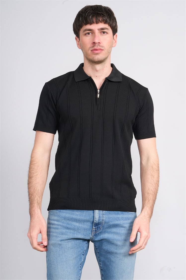 C.K Y26 812 Siyah Erkek Triko Fermmuarlı Şeritli Polo Yaka Tişört M-Xxl
