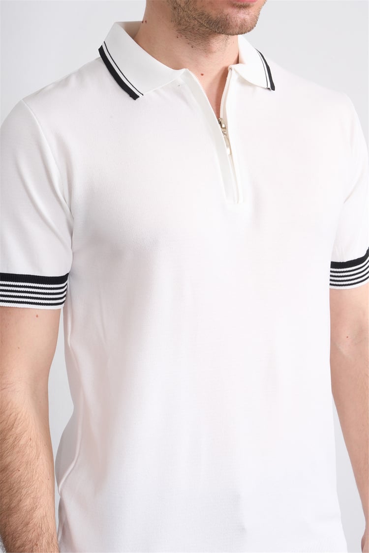 C.K Y26 815 Beyaz Erkek Triko Fermmuarlı Şeritli Polo Yaka Tişört M-Xxl