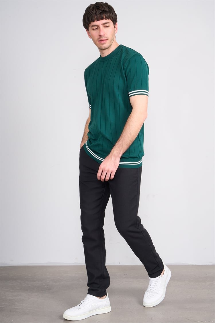 C.K Y26 828 Zümrüt Erkek Triko Bisiklet Yaka Nakış Detaylı Şeritli Tişört M-Xxl