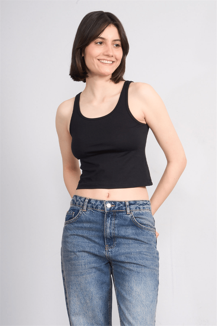 C.K Y26 8282 Fithit Byn Askılı Penye Crop Atlet Siyah