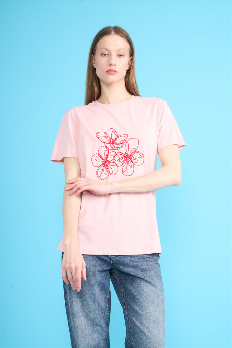 C.K Y26 8903 Fithit Byn B.Yk Regular Nakışlı T-shirt Pudra
