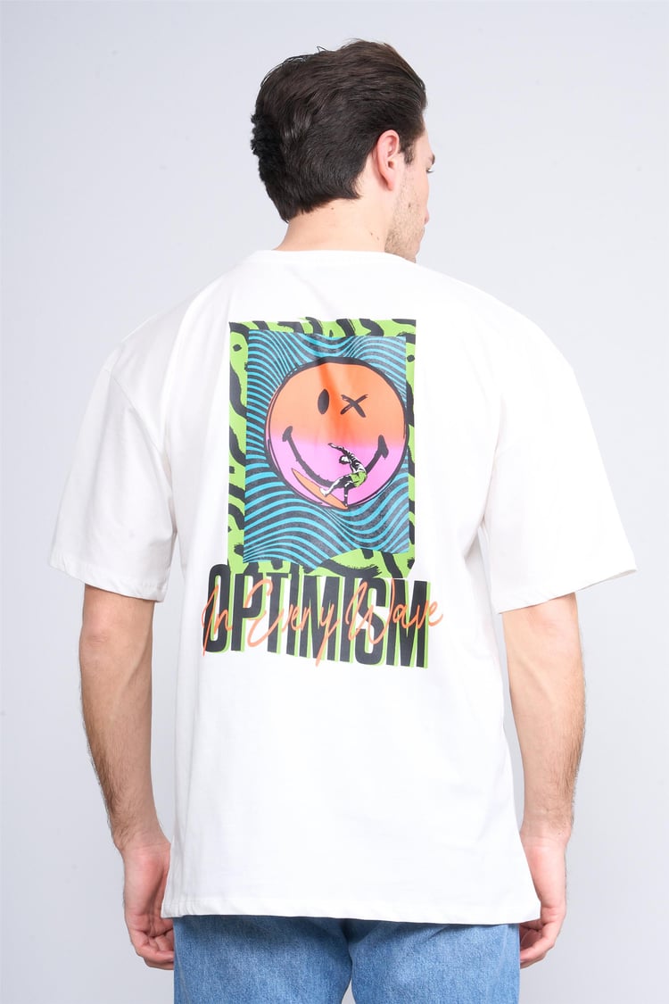 Çetinkaya Chester Polo 3835 Bisiklet Yaka 30/1 Penye Oversize Baskılı T-shirt Krem