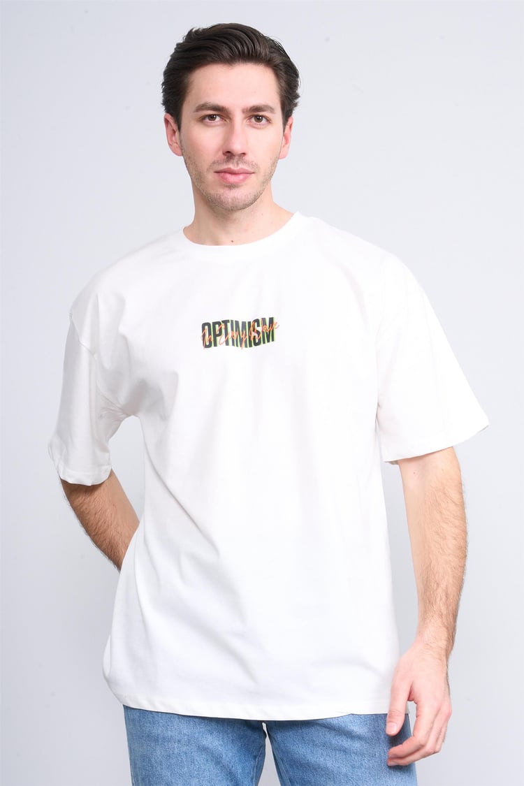 Çetinkaya Chester Polo 3835 Bisiklet Yaka 30/1 Penye Oversize Baskılı T-shirt Krem