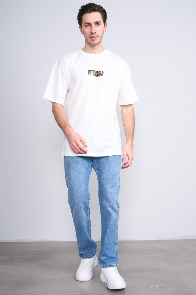 Çetinkaya Chester Polo 3835 Bisiklet Yaka 30/1 Penye Oversize Baskılı T-shirt Krem
