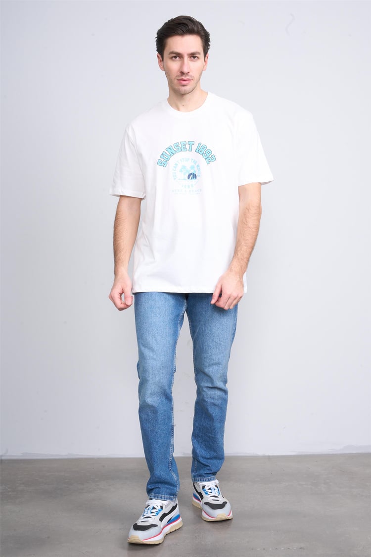 Çetinkaya Chester Polo 3838 Bisiklet Yaka 30/1 Penye Regular Baskılı T-shirt Krem
