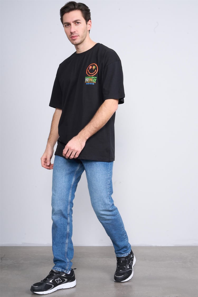 Çetinkaya Chester Polo 3847 Bisiklet Yaka Penye Regular Baskılı T-shirt Siyah