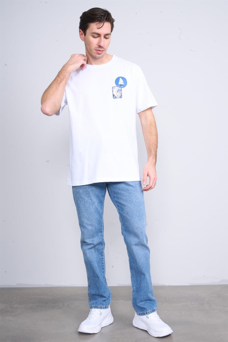 Çetinkaya Chester Polo 3858 Bisiklet Yaka 30/1 Penye Regular Baskılı T-shirt Beyaz