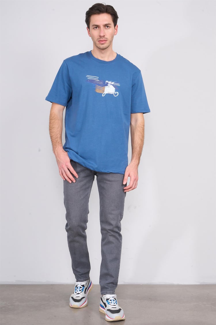 Çetinkaya Chester Polo 3863 Bisiklet Yaka 30/1 Penye Comfort Baskılı T-shirt İndigo
