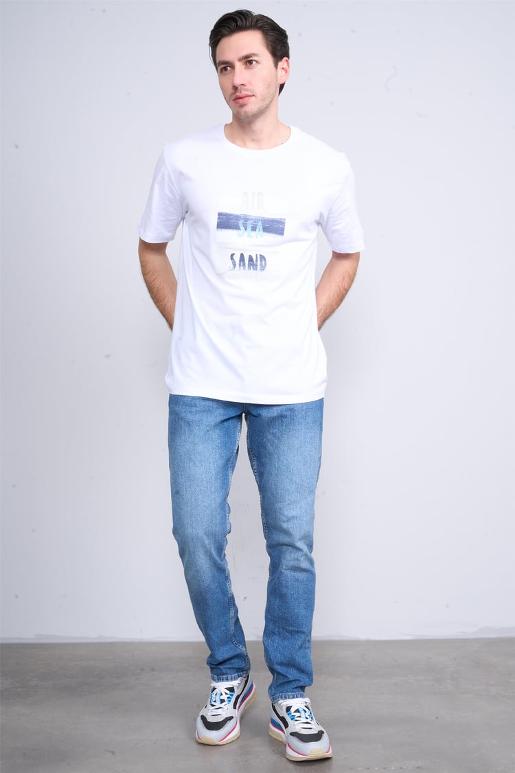 Çetinkaya Chester Polo 3867 Bisiklet Yaka 30/1 Penye Regular Baskılı T-shirt Beyaz