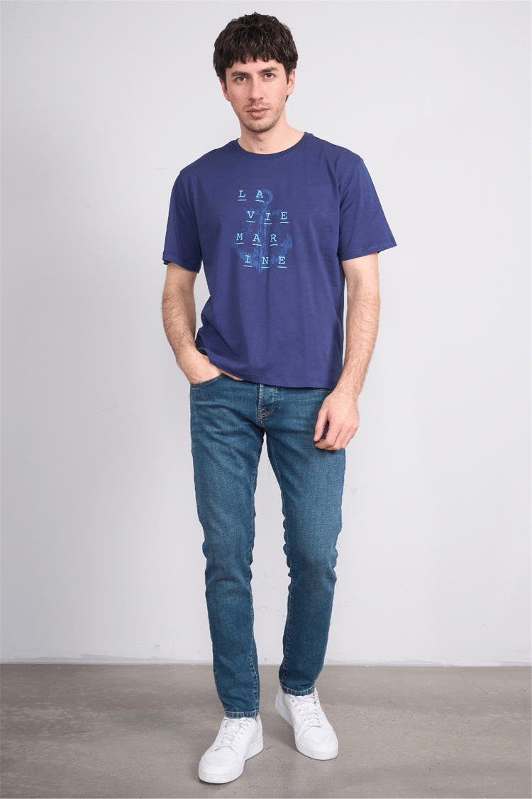 Çetinkaya Chester Polo 4386 Bisiklet Yaka Regular Baskılı T-shirt Açık Lacivert