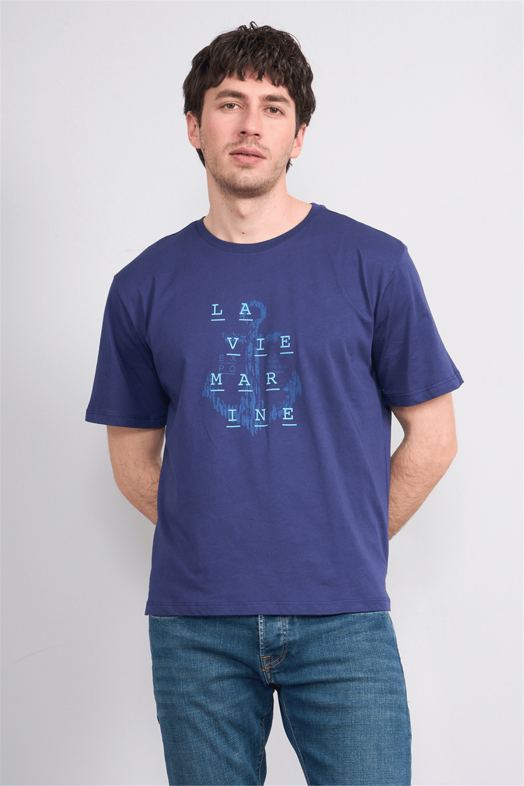 Çetinkaya Chester Polo 4386 Bisiklet Yaka Regular Baskılı T-shirt Açık Lacivert