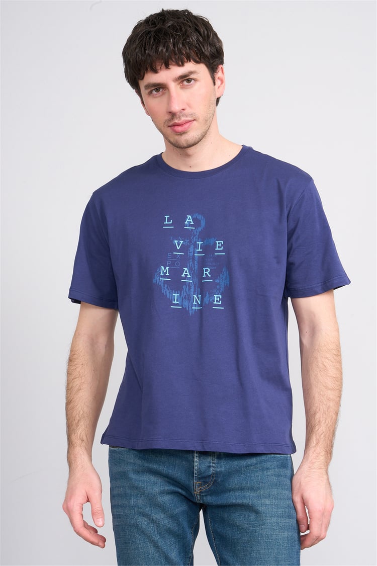 Çetinkaya Chester Polo 4386 Bisiklet Yaka Regular Baskılı T-shirt Açık Lacivert