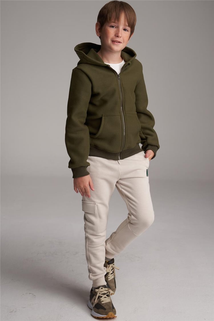 Çetinkaya Chester Polo 72407G Kapüşonlu Fermuarlı Polar 8-14 Yaş Haki Sweatshirt