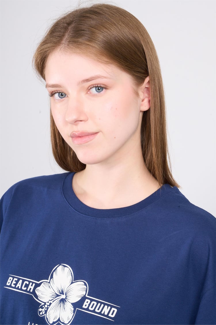 Çetinkaya Chester Polo 8249 Bayan Bisiklet Yaka 30/1 Penye Baskılı Oversize Crop T-shirt Lacivert