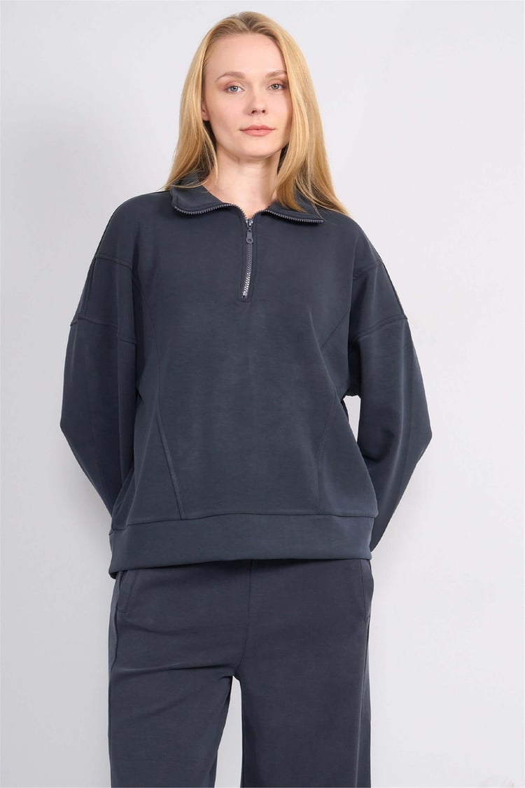 Çetinkaya Chester Polo 8425 Kadın Dik Yaka Yarım Fermuarlı Modal Sweatshirt Antrasit