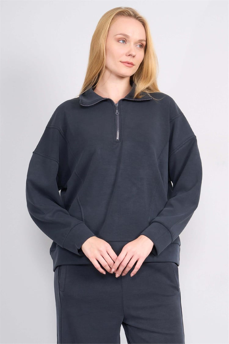 Çetinkaya Chester Polo 8425 Kadın Dik Yaka Yarım Fermuarlı Modal Sweatshirt Antrasit