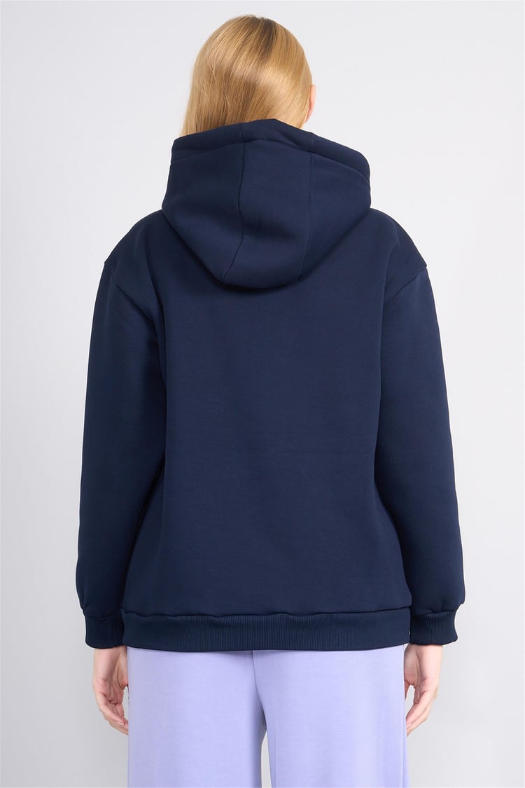 Çetinkaya Chester Polo 8610 Kadın Kapüşonlu Baskılı 3 İplik Sweatshirt Lacivert