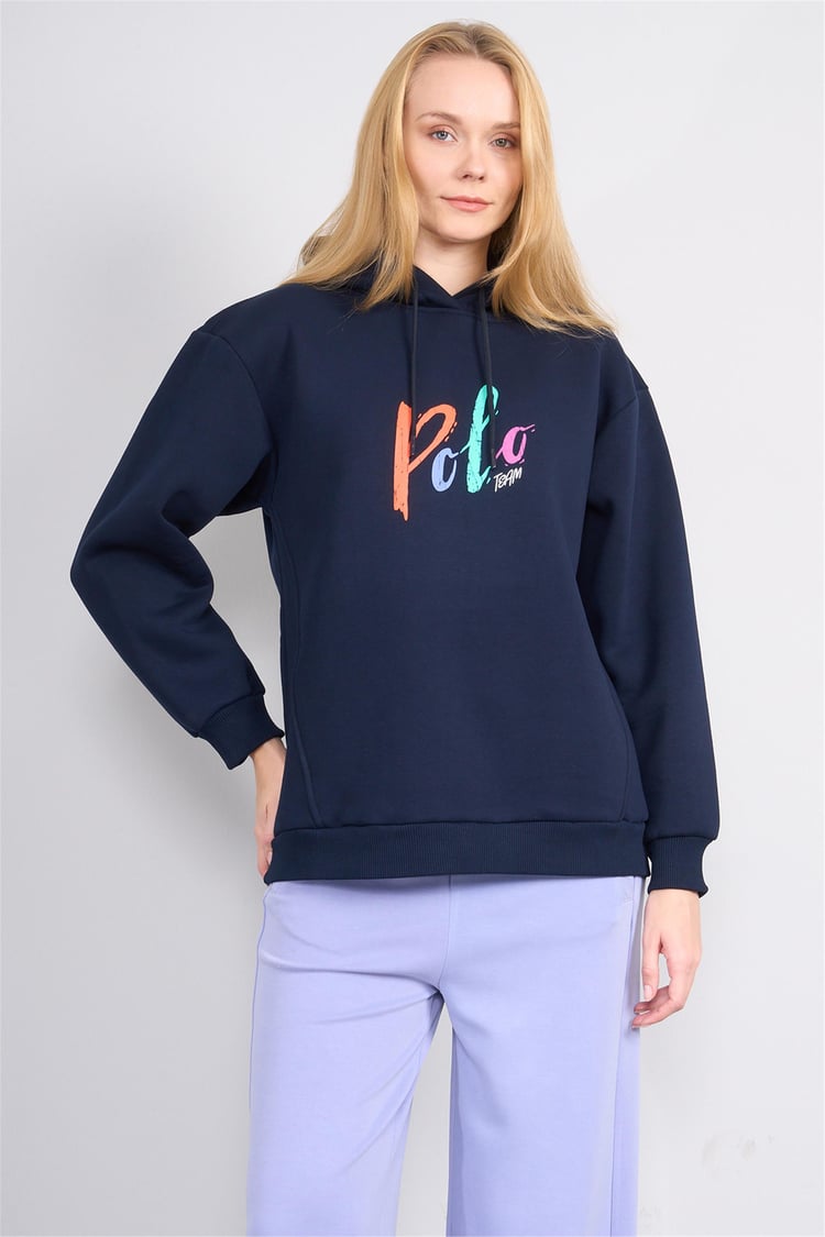 Çetinkaya Chester Polo 8610 Kadın Kapüşonlu Baskılı 3 İplik Sweatshirt Lacivert