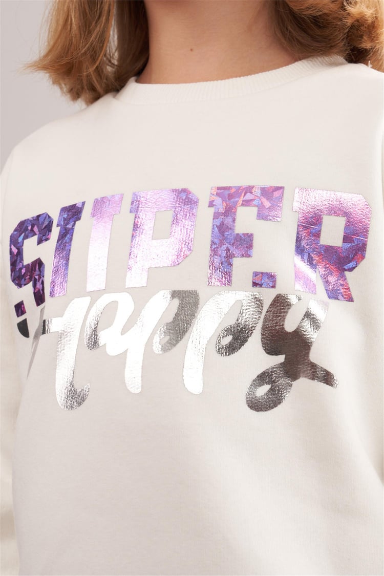 Çetinkaya Fitclub 92330 Kız Çocuk Bisiklet Yaka 3 İplik Şardonlu 4-12 Yaş Sweatshirt Krem