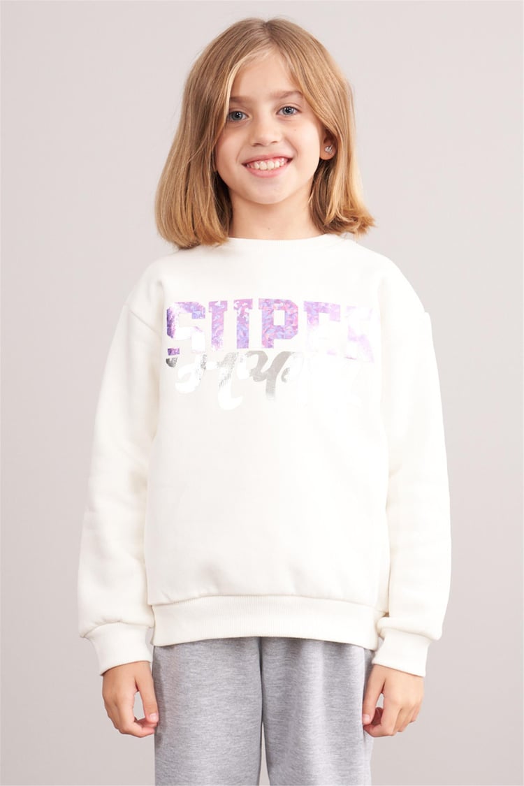 Çetinkaya Fitclub 92330 Kız Çocuk Bisiklet Yaka 3 İplik Şardonlu 4-12 Yaş Sweatshirt Krem