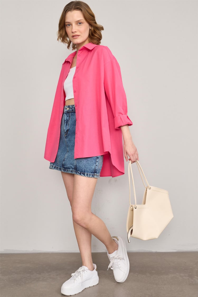 Çetinkaya Fithit 1422 Kadın Uzun Kol Poplin Oversize Gömlek Pembe