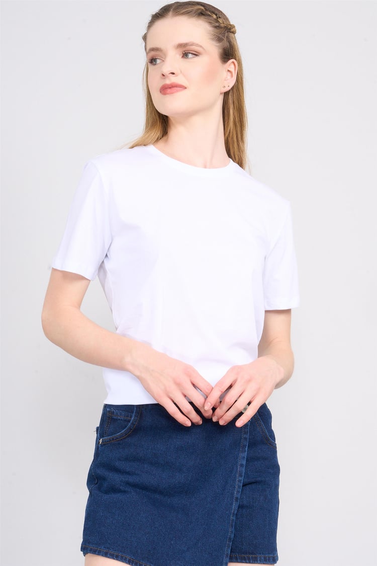 Çetinkaya Fithit 3264 Bayan Bisiklet Yaka Basic T-shirt Beyaz