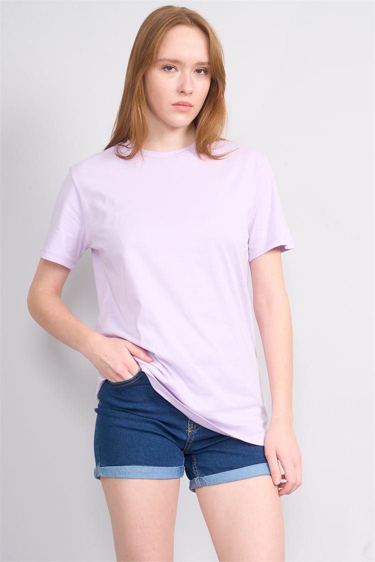 Çetinkaya Fithit 3264 Bayan Bisiklet Yaka 30/1 Penye Regular Basic T-shirt Lila