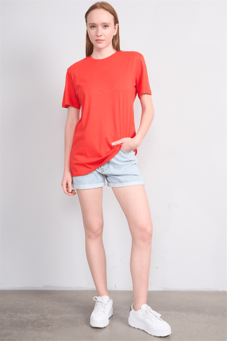 Çetinkaya Fithit 3264 Bayan Bisiklet Yaka 30/1 Penye Regular Basic T-shirt Nar Çiçeği